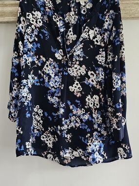 Lila Rose Navy Floral V-Neck Blouse with Blue & White Accents
